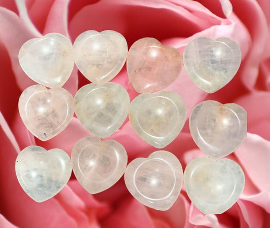 Heart Rose Quartz Crystal Worry stones. Rub to remove stress, achieve peace of mind, and help with emotional healing and strength.