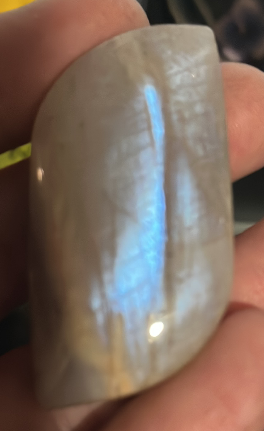 Peach Moonstone crystal palm stones with amazing flue flashing colors. Emotional balance and enhanced intuition and peace