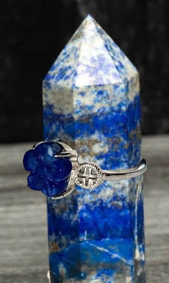 Lapis Lazuli  flower carving Sterling Silver S925 ring. Natural gemstone. Adjustable to fit all sizes. Great gift Idea.