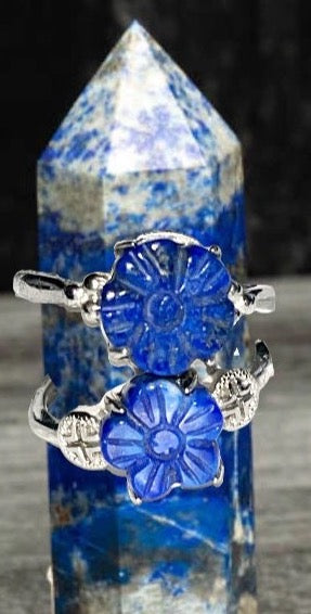 Lapis Lazuli  flower carving Sterling Silver S925 ring. Natural gemstone. Adjustable to fit all sizes. Great gift Idea.