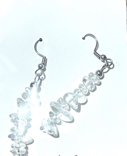 Clear quartz  crystal gravel chips dangle handmade hook earrings