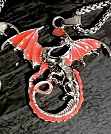 Red Glow in the dark Silver dragon necklace pendant