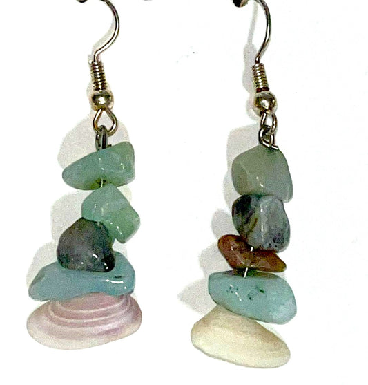 Caribbean Calcite and hand collected shell crystal gravel chips dangle handmade hook earrings with shells from New Smyrna beach, Florida crystal gravel dangle handmade hook earrings