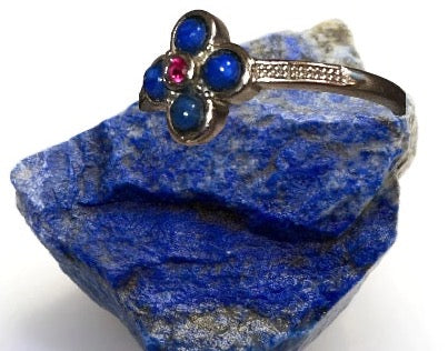Lapis Lazuli crystal flower silver ring.  Natural gemstone. Adjustable to fit all sizes. Great gift Idea