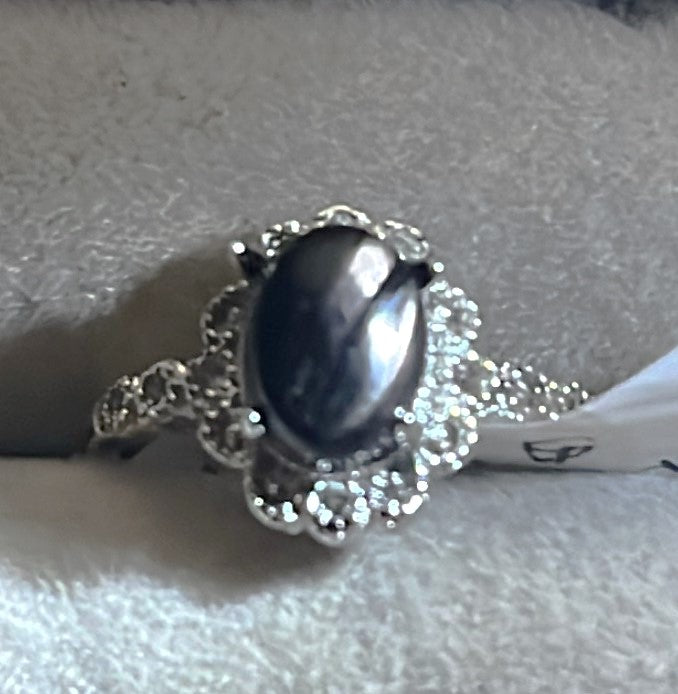 Silver Obsidian adjustable ring with silver flash, surrounded by bling