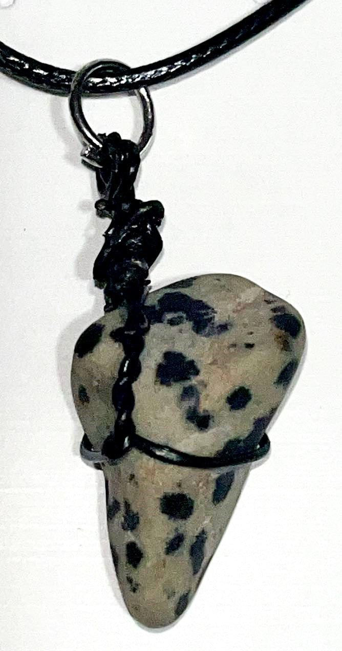 Handmade and hand wire wrapped Dalmatian Jasper tooth shaped pendant with necklace. A Stone of Joy and Positivity