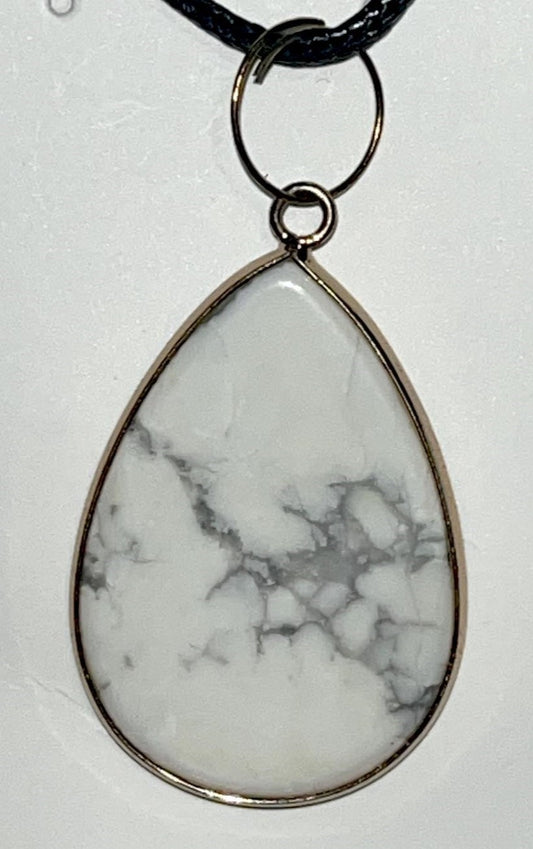 Howlite large teardrop pendant necklace with gold trim. Good for anger, calm, and deep peace