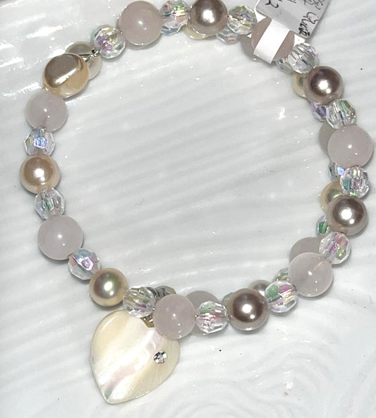 Handmade Rose Quartz & Pearl wrap around crystal bead bracelet with Real Sea shell heart charm. No closure required. Unconditional love