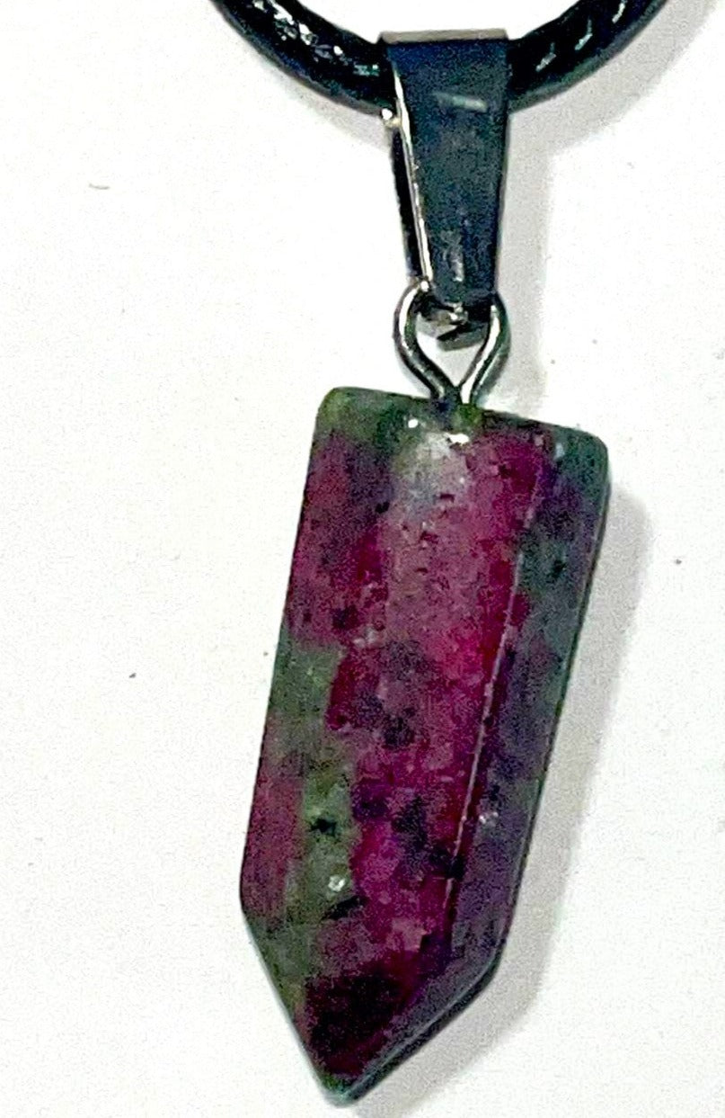 Synthetic Ruby Zoisite inspired bullet pendant necklace. Man made, but pretty- yet strong.