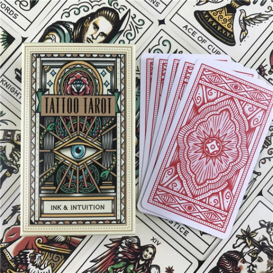 Tattoo Tarot is a beautifully illustrated set of 78 Oracle tarot cards featuring vintage tattoo designs with digital guidebook