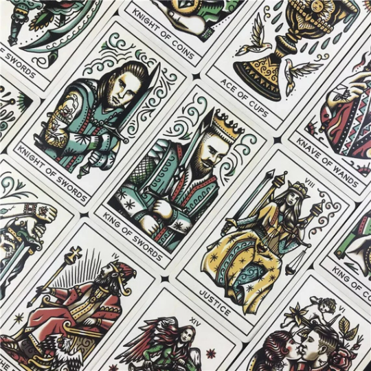 Tattoo Tarot is a beautifully illustrated set of 78 Oracle tarot cards featuring vintage tattoo designs with digital guidebook