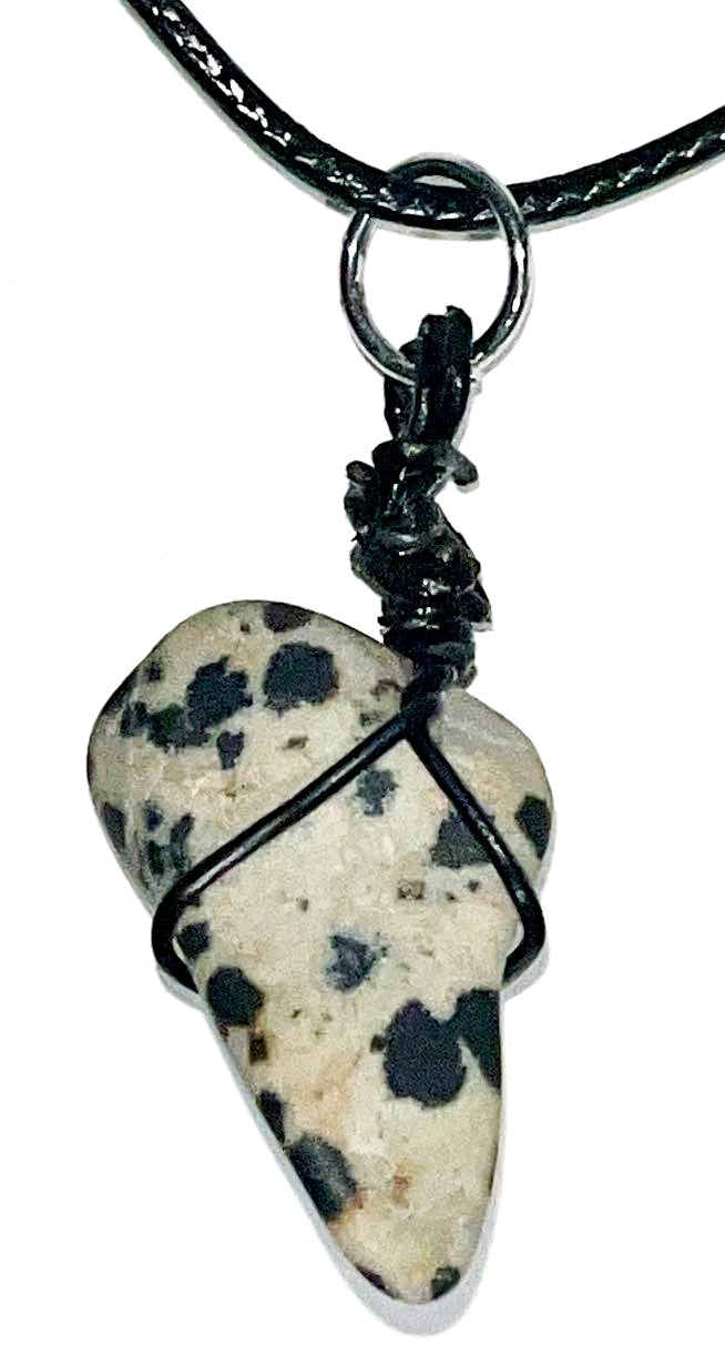 Handmade and hand wire wrapped Dalmatian Jasper tooth shaped pendant with necklace. A Stone of Joy and Positivity