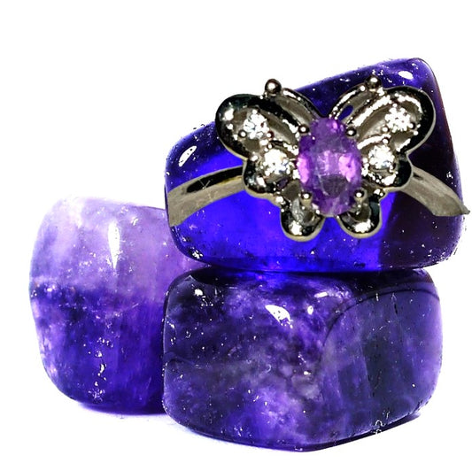 Amethyst crystal butterfly ring. Natural gemstone. Adjustable to fit all sizes.