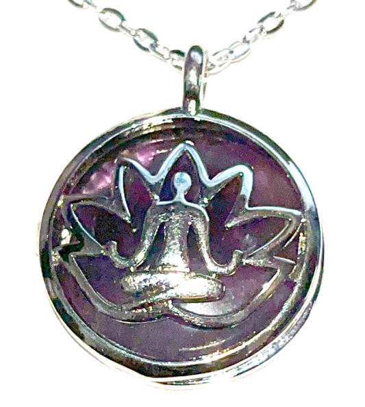 Interchangeable Amethyst Meditating yoga pose pendant. Comes with silver chain. Pendant opens and stone can be changed.