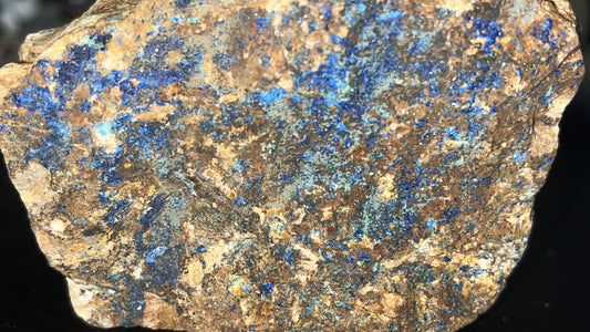 Raw Rough Blue Azurite specimen on matrix with blue sparkly glittery druzy pockets