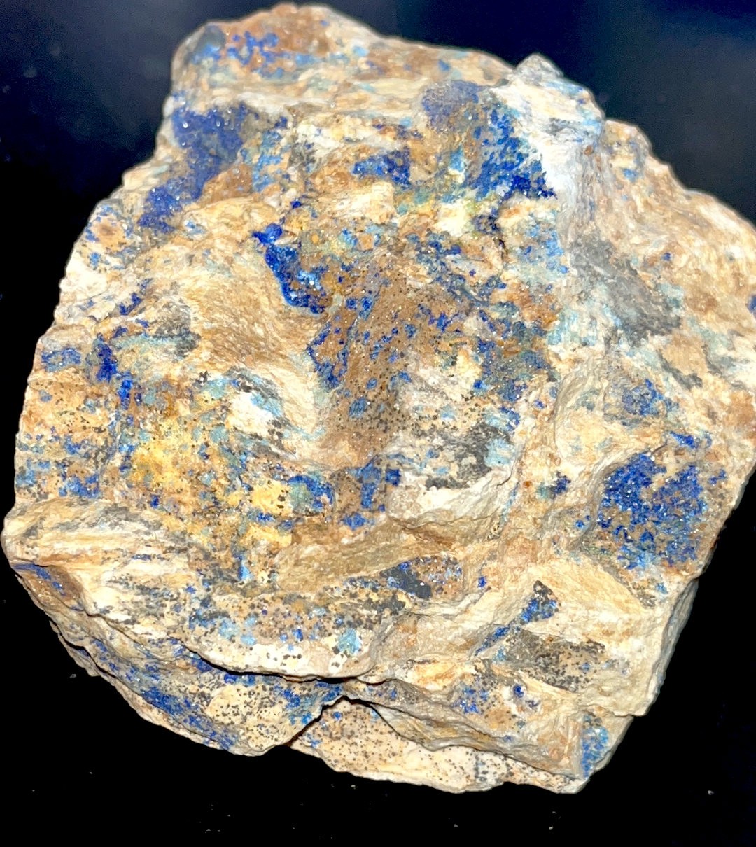 Raw Rough Blue Azurite specimen on matrix with blue sparkly glittery druzy pockets
