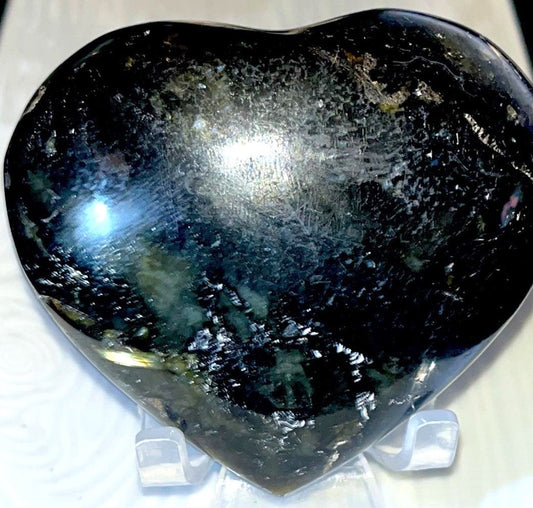 Black Moonstone large puffy crystal heart carving with gold flash. Extremely strong emotional healing, heal from broken heart & trauma