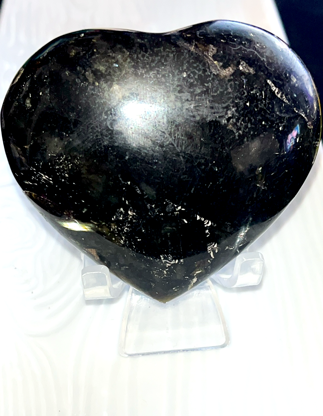 Black Moonstone large puffy crystal heart carving with gold flash. Extremely strong emotional healing, heal from broken heart & trauma