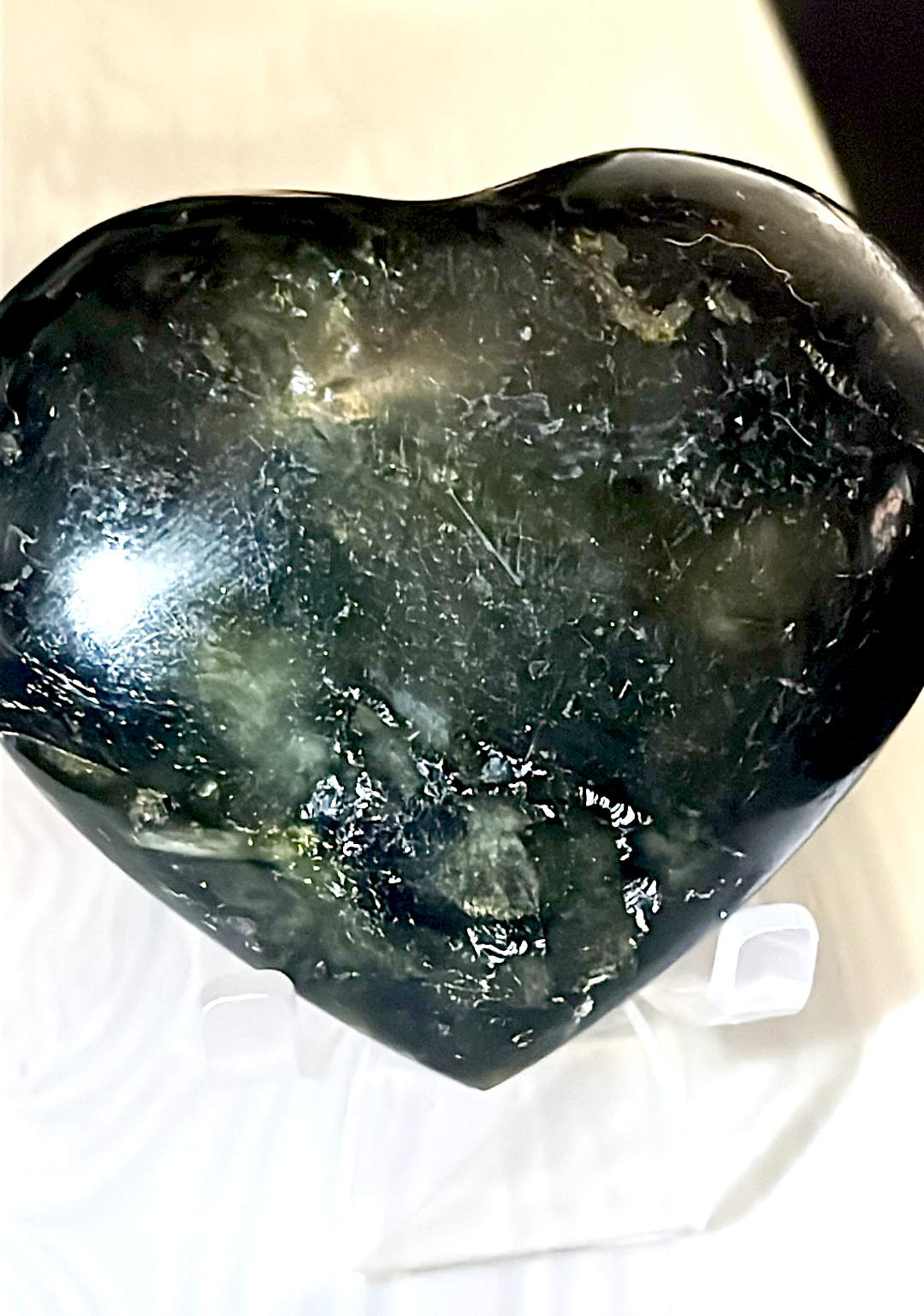 Black Moonstone large puffy crystal heart carving with gold flash. Extremely strong emotional healing, heal from broken heart & trauma