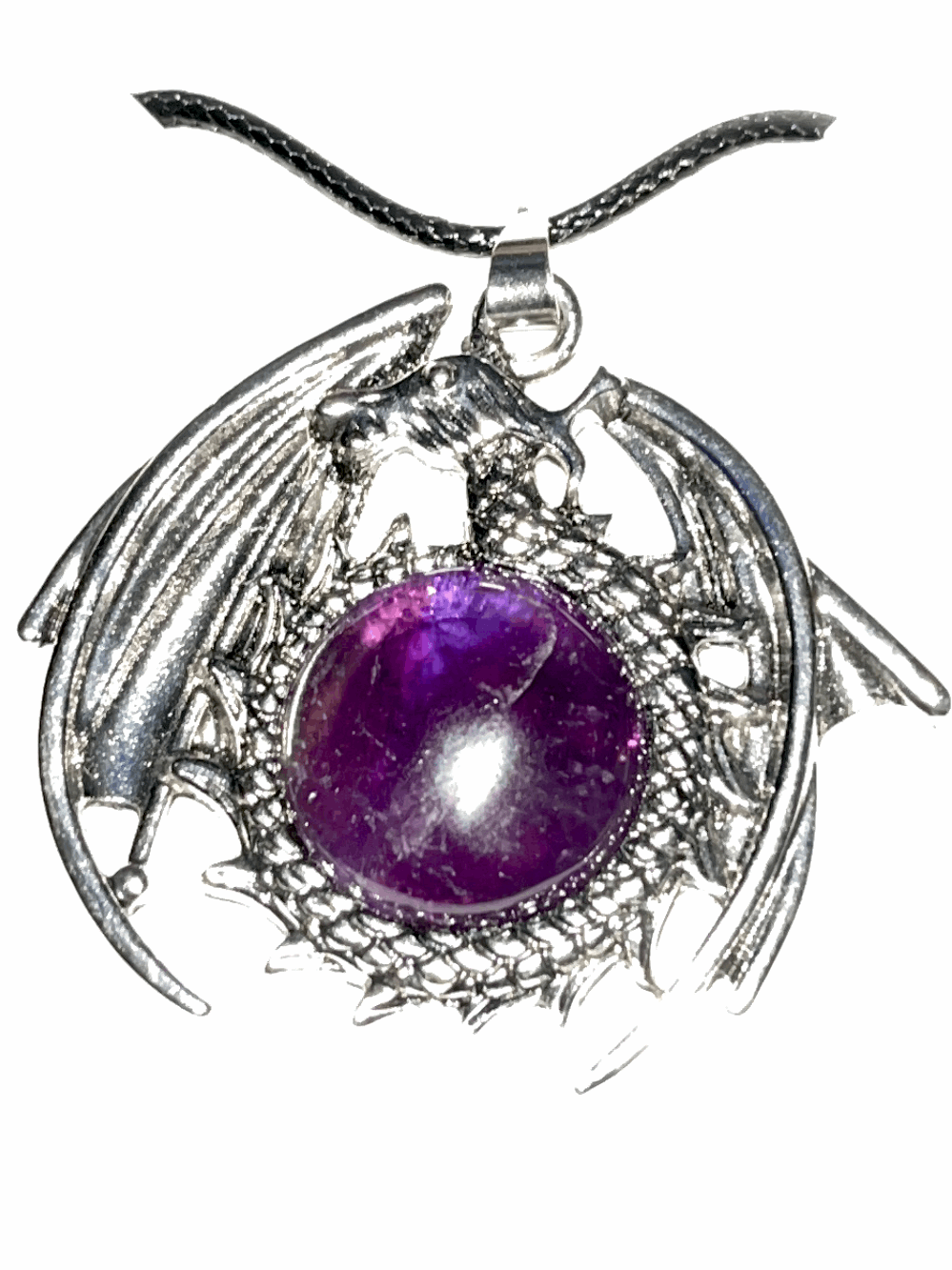 Flying Dragon pendants with natural crystal gemstones in center. Comes with adjustable black rope chain necklace.