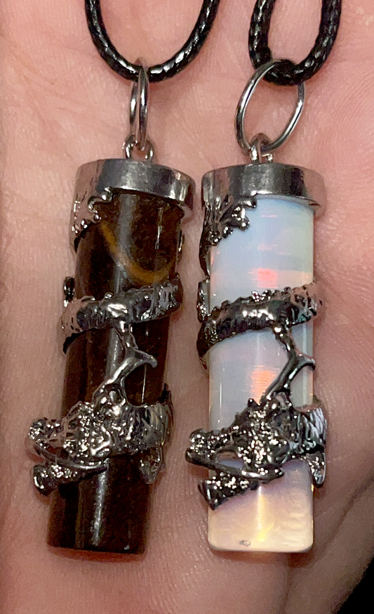 Dragon-Wrapped Cylinder cylindrical crystal Pendant/ Dragon Coil Crystal Pendant in Tiger's Eye and Opalite. Comes w/rope chain necklace.