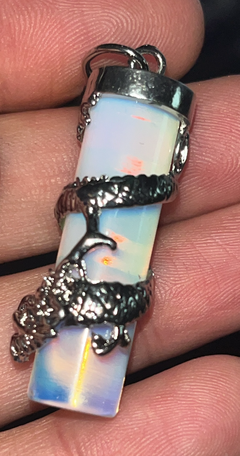 Dragon-Wrapped Cylinder cylindrical crystal Pendant/ Dragon Coil Crystal Pendant in Tiger's Eye and Opalite. Comes w/rope chain necklace.