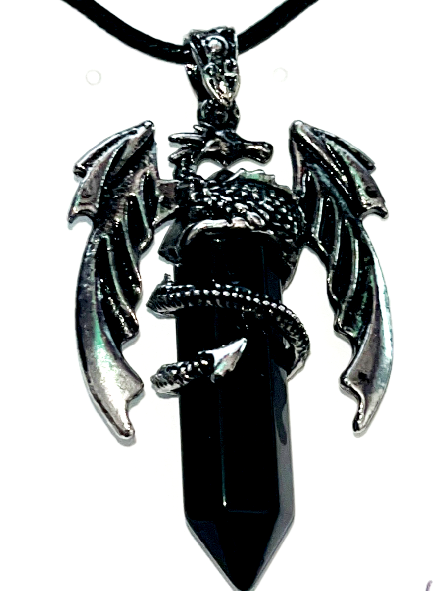 Flying dragon crystal point necklace pendant. Comes w/rope chain necklace.