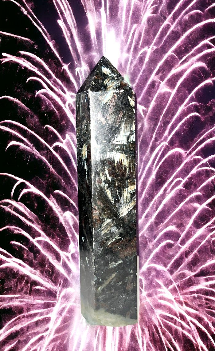 Astrophyllite/ Firework Stone crystal Obelisk tower point w/ incredible color flash! Harmonious spiritually uplifting atmosphere