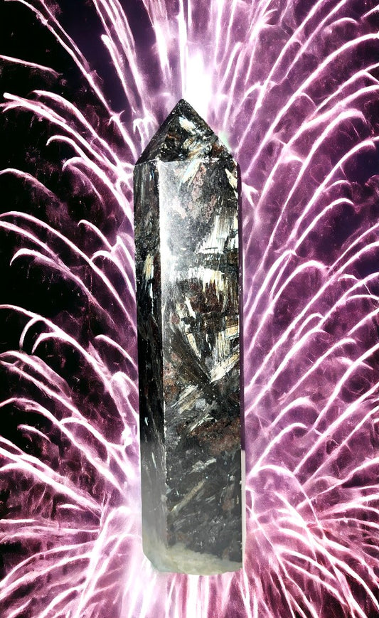 Astrophyllite/ Firework Stone crystal Obelisk tower point w/ incredible color flash! Harmonious spiritually uplifting atmosphere