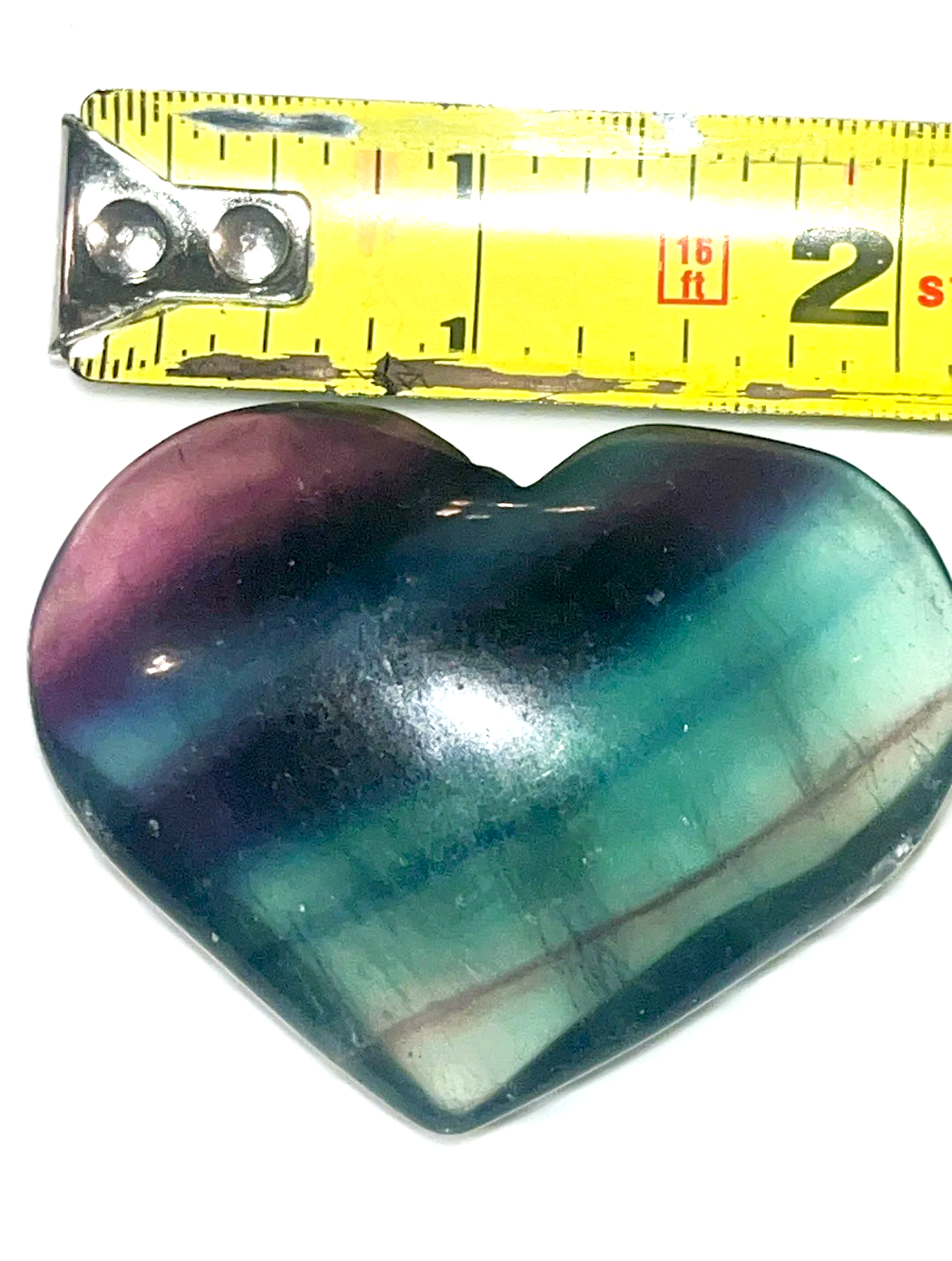 Medium Rainbow Fluorite- Green, teal & purple striped crystal heart carving. Beautiful colors! Brings focus, and peace