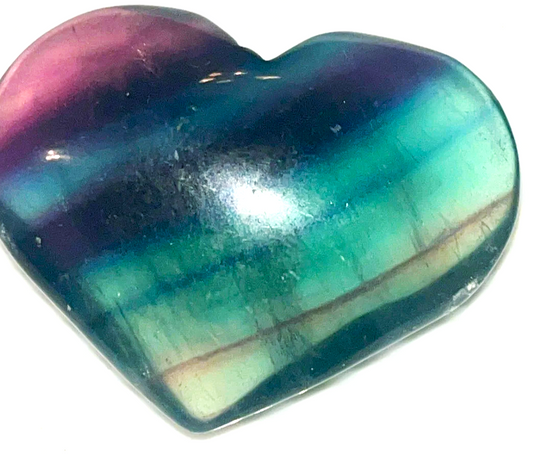 Medium Rainbow Fluorite- Green, teal & purple striped crystal heart carving. Beautiful colors! Brings focus, and peace