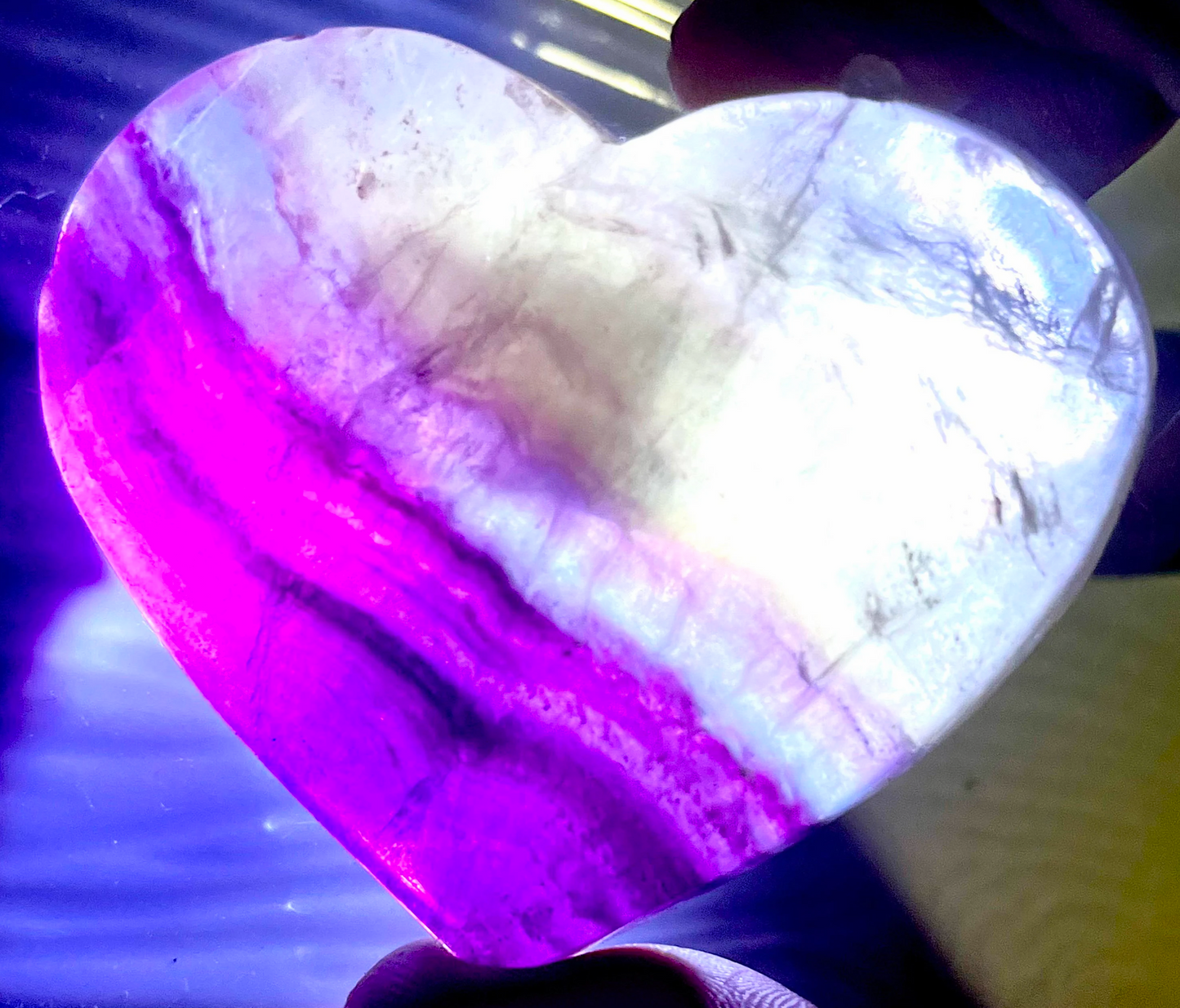 Large Yellow and purple Fluorite striped crystal heart carving. Beautiful colors! Brings focus, and peace