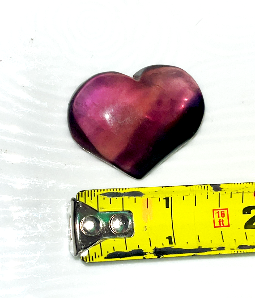 Small Purple Rainbow Fluorite striped crystal heart carving. Beautiful colors! Brings focus, and peace