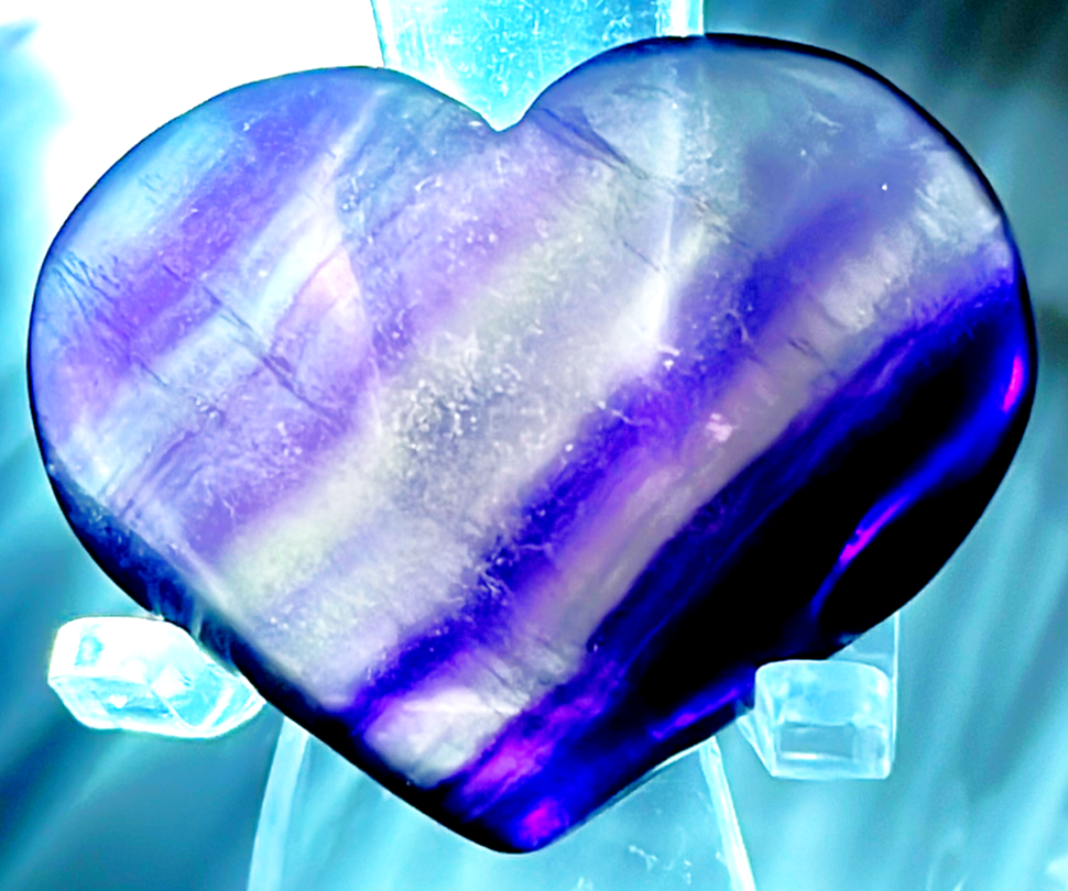 Small Purple Rainbow Fluorite striped crystal heart carving. Beautiful colors! Brings focus, and peace