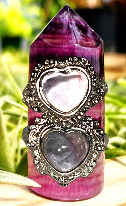 Fluorite heart crystal statement rings. Adjustable to fit all sizes. Focus, healing, relationships