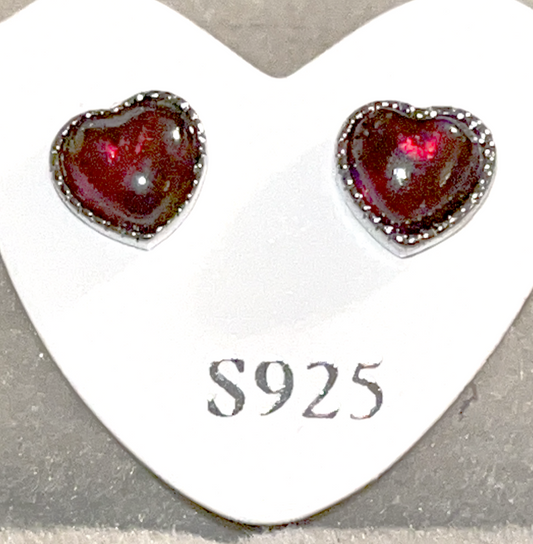 Sterling Silver S925 Garnet gemstone heart crystal stud post earrings surrounded by Cubic Zirconia. Protection, trust, commitment, and love