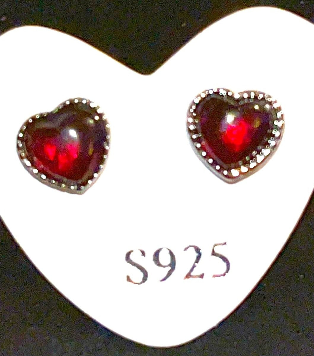 Sterling Silver S925 Garnet gemstone heart crystal stud post earrings surrounded by Cubic Zirconia. Protection, trust, commitment, and love