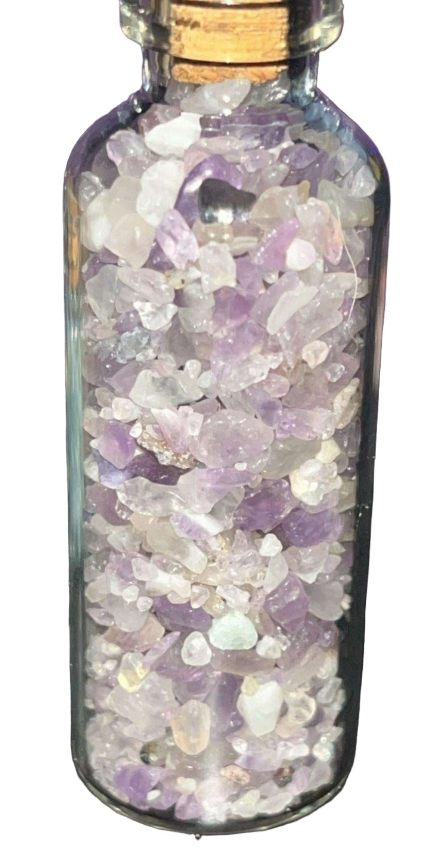 AAA grade Crystal chips gravel mini glass bottles with cork top. Perfect for spell bottles, altars, jewelry, or crystal decor. 2.25 inches