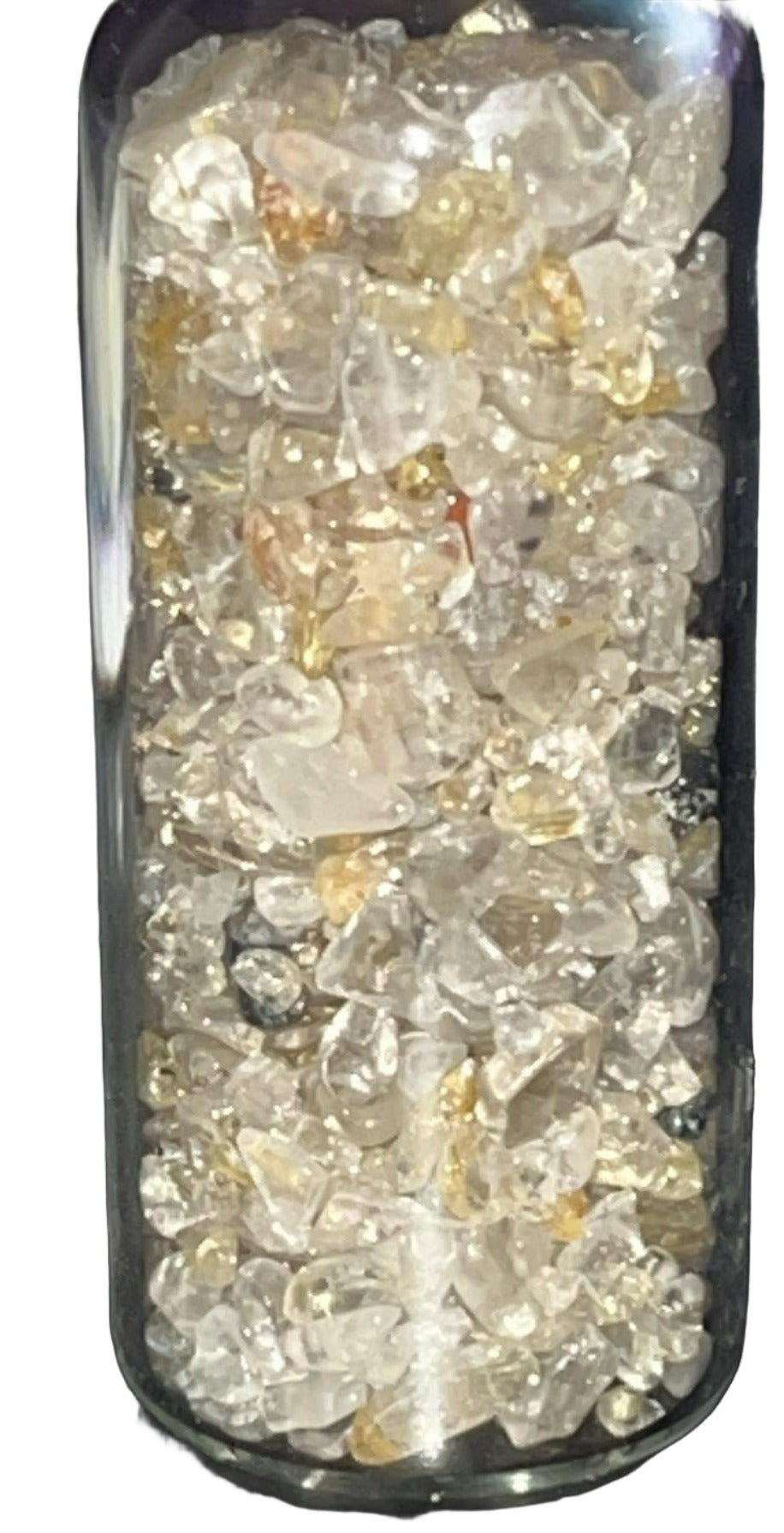 AAA grade Crystal chips gravel mini glass bottles with cork top. Perfect for spell bottles, altars, jewelry, or crystal decor. 2.25 inches