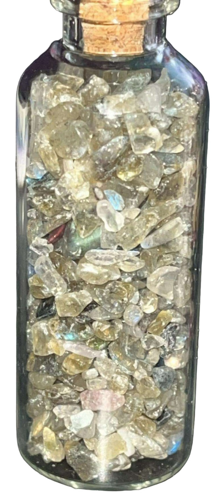 AAA grade Crystal chips gravel mini glass bottles with cork top. Perfect for spell bottles, altars, jewelry, or crystal decor. 2.25 inches