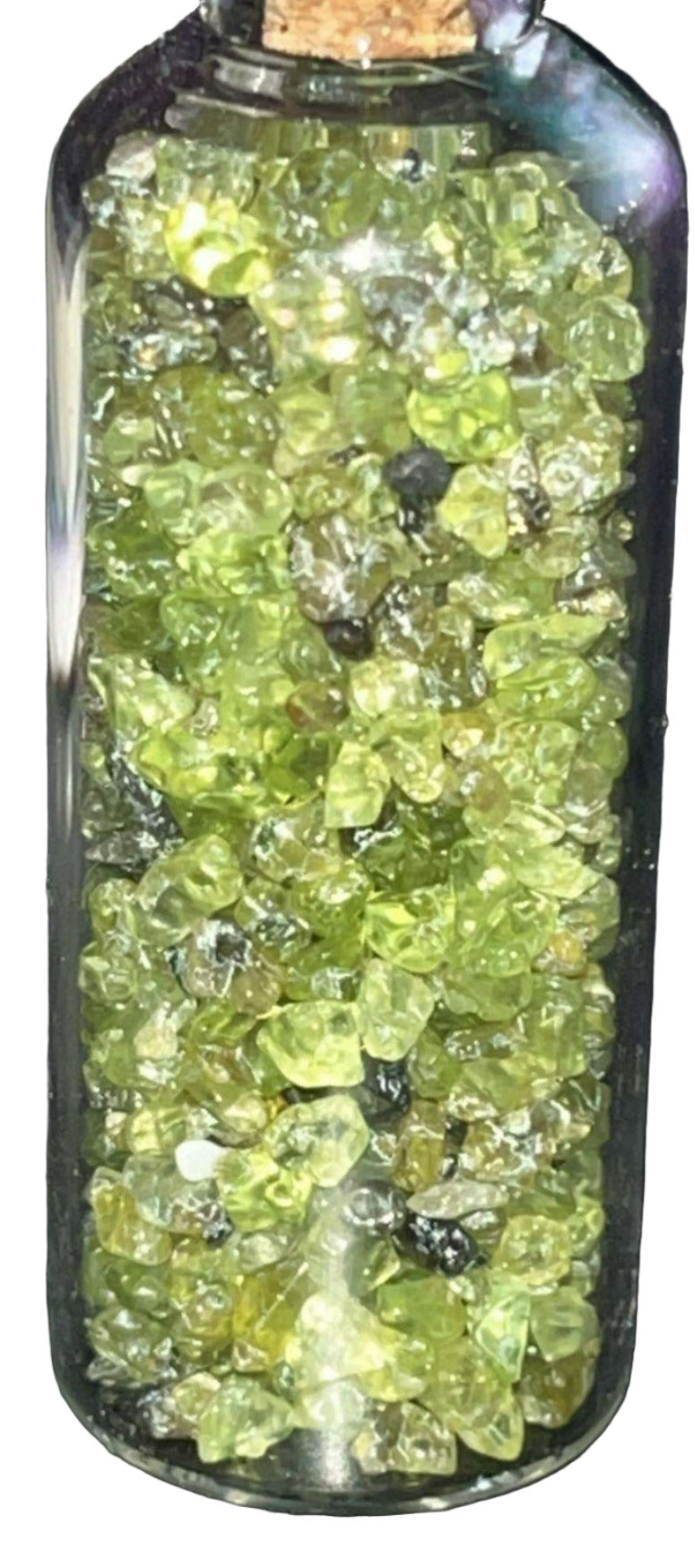 AAA grade Crystal chips gravel mini glass bottles with cork top. Perfect for spell bottles, altars, jewelry, or crystal decor. 2.25 inches