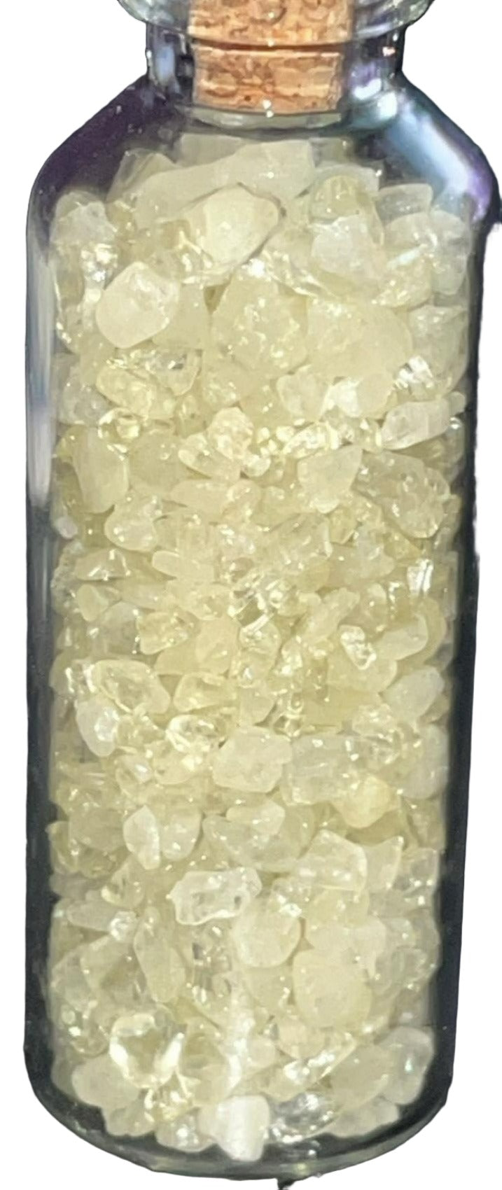 AAA grade Crystal chips gravel mini glass bottles with cork top. Perfect for spell bottles, altars, jewelry, or crystal decor. 2.25 inches