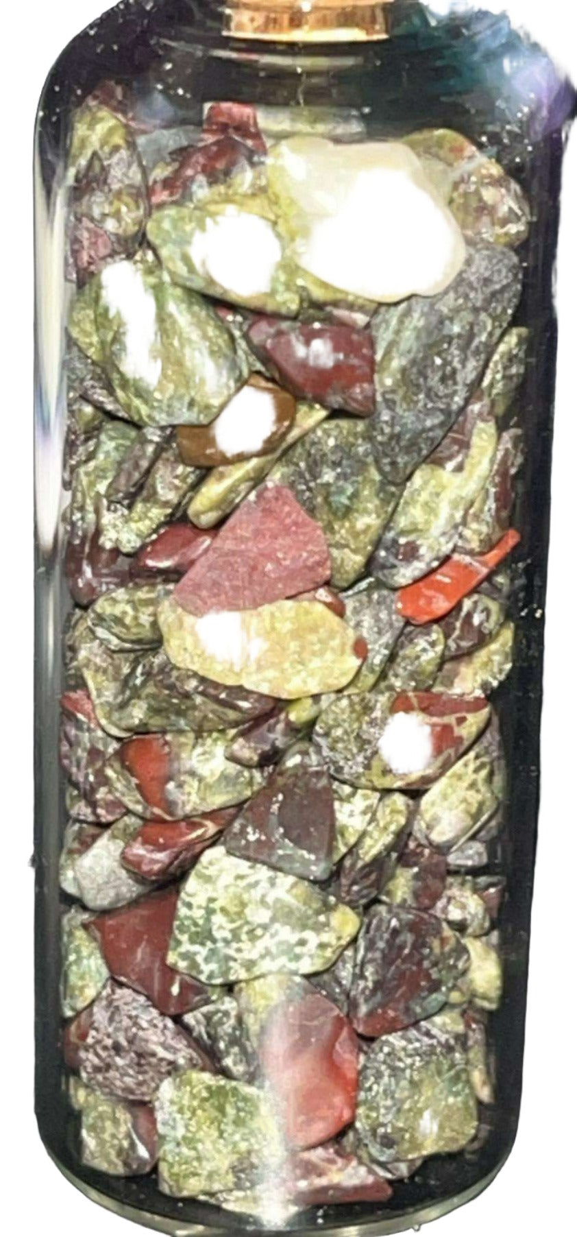 AAA grade Crystal chips gravel mini glass bottles with cork top. Perfect for spell bottles, altars, jewelry, or crystal decor. 2.25 inches