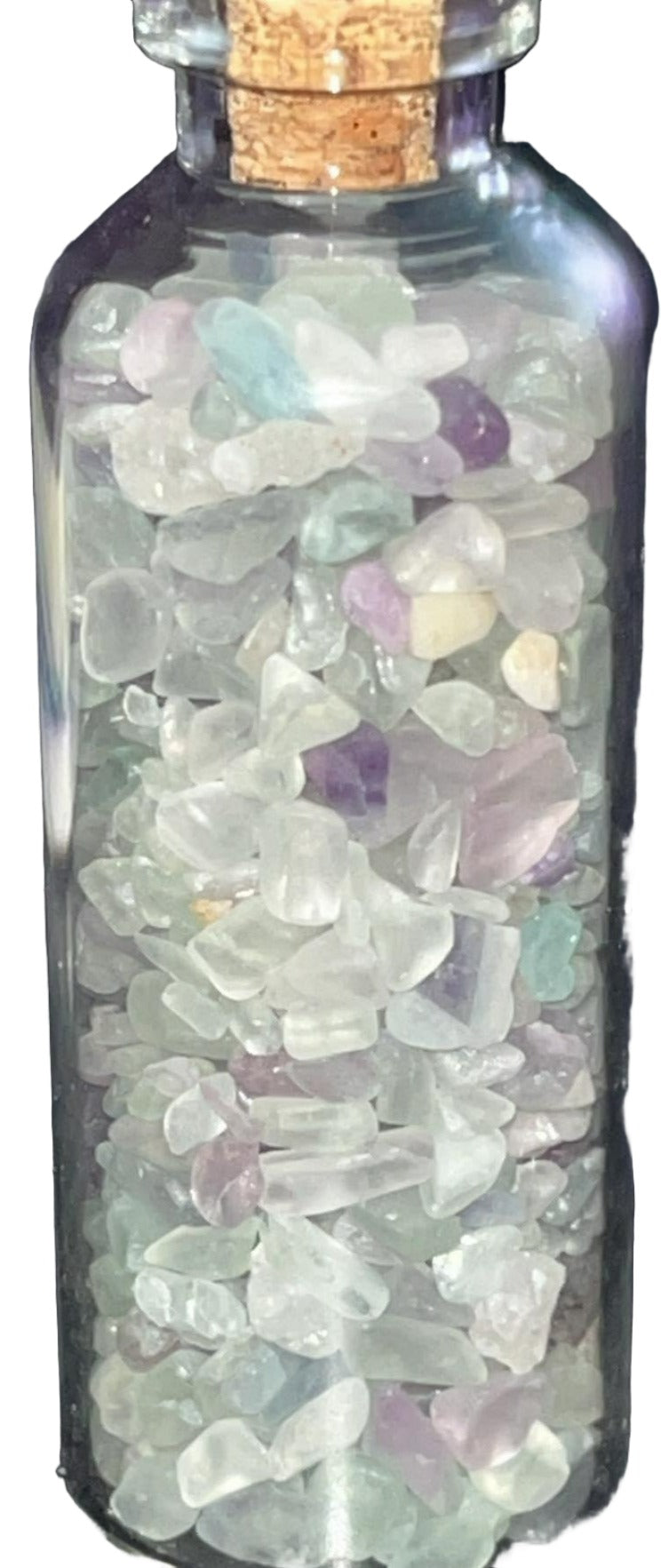 AAA grade Crystal chips gravel mini glass bottles with cork top. Perfect for spell bottles, altars, jewelry, or crystal decor. 2.25 inches