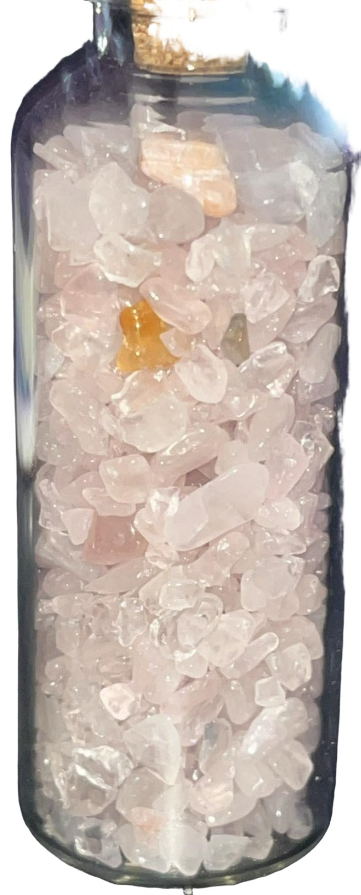 AAA grade Crystal chips gravel mini glass bottles with cork top. Perfect for spell bottles, altars, jewelry, or crystal decor. 2.25 inches