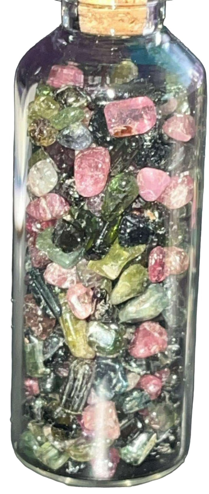 AAA grade Crystal chips gravel mini glass bottles with cork top. Perfect for spell bottles, altars, jewelry, or crystal decor. 2.25 inches