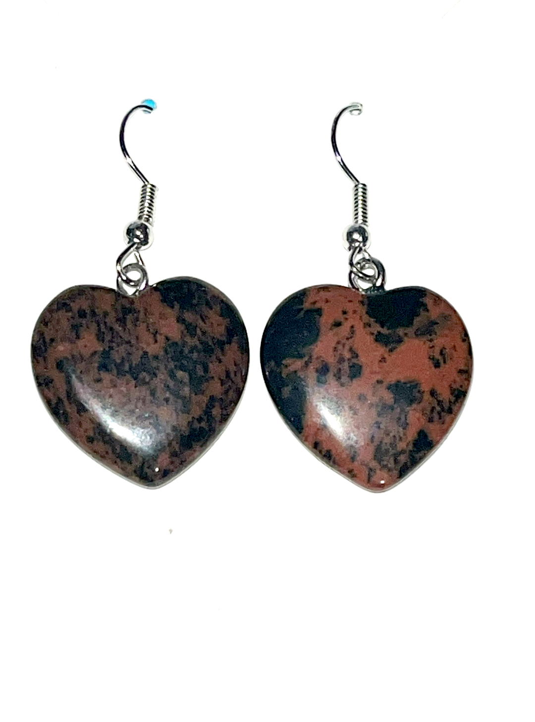 Mini crystal heart dangle hook earrings in Carnelian, Blue Sandstone, Picture Stone, and Mahogany Obsidian. 0.75 x 0.75 inches.