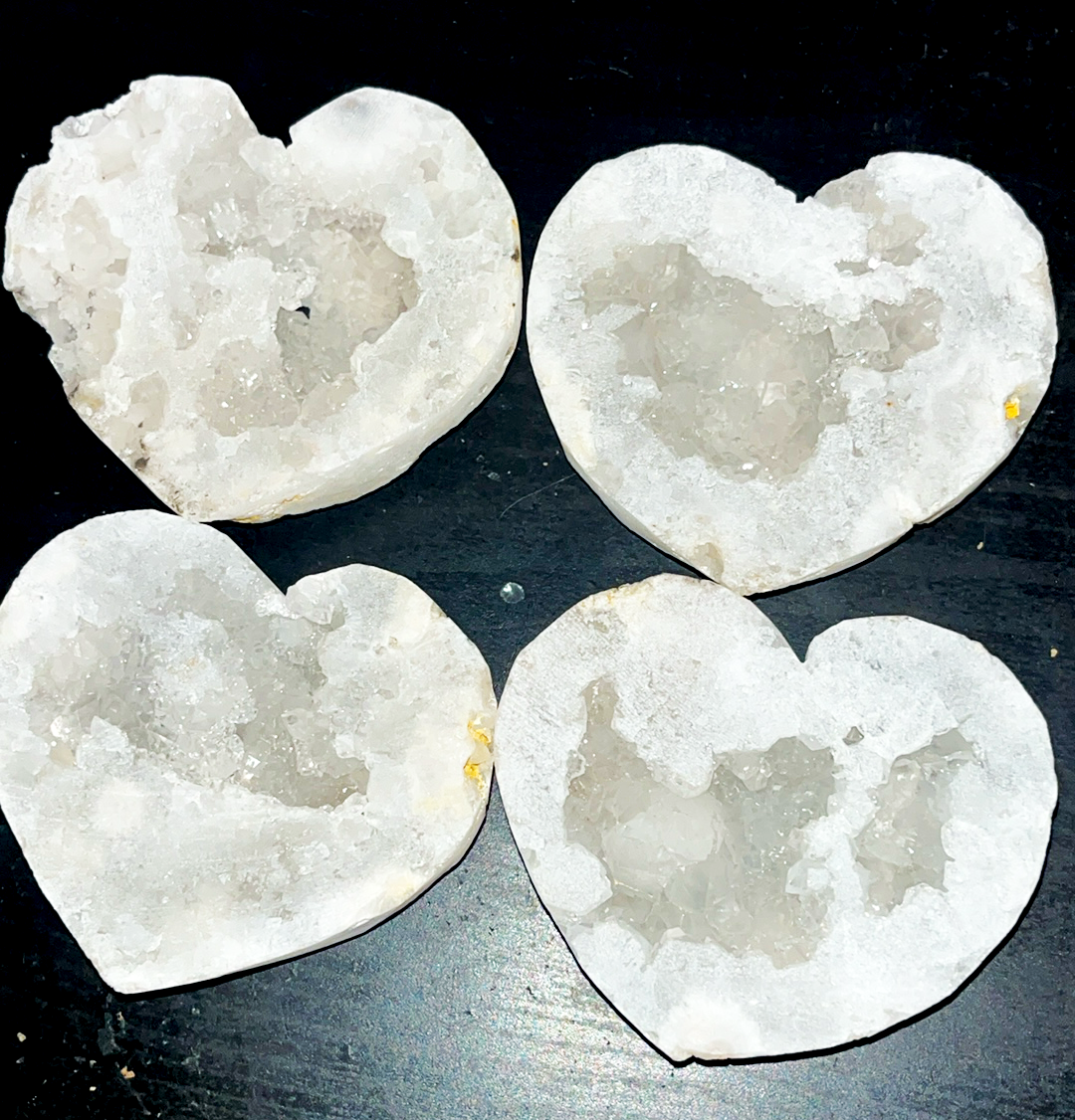 Natural Quartz druzy Geode heart specimens with sparkling Quartz points inside these hearts with rainbow flash inclusions