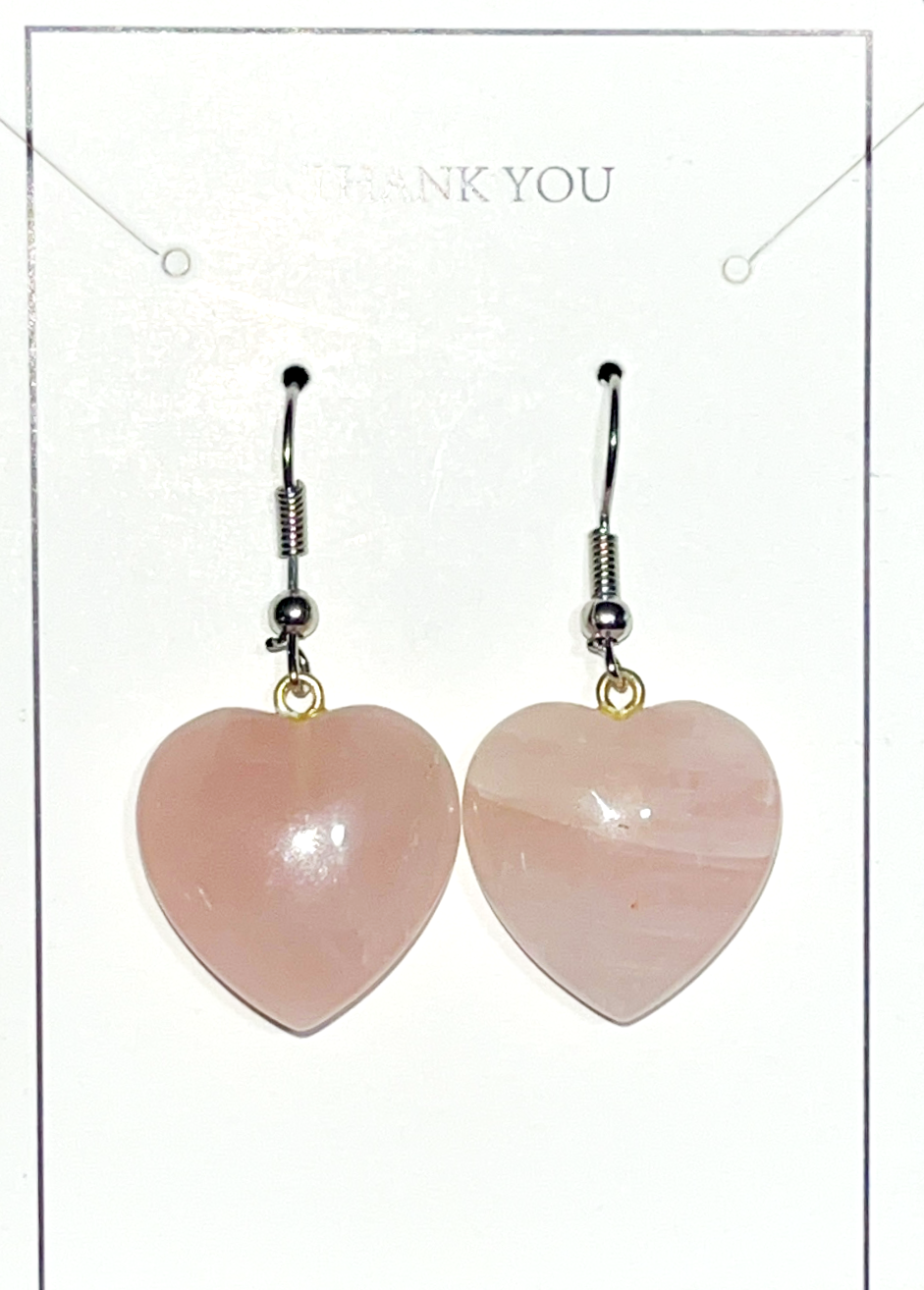 Rose Quartz crystal heart dangle hook earrings. Ultimate symbol of unconditional love and healing. 0.5 inch