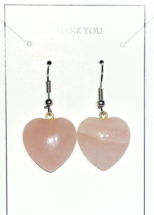 Rose Quartz crystal heart dangle hook earrings. Ultimate symbol of unconditional love and healing. 0.5 inch